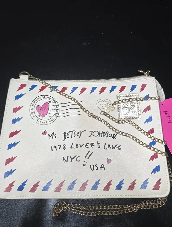 Betsey Johnson NWT Cream Love Letter Crossbody with Pink & Blue Postal Accents - Picture 2 of 9